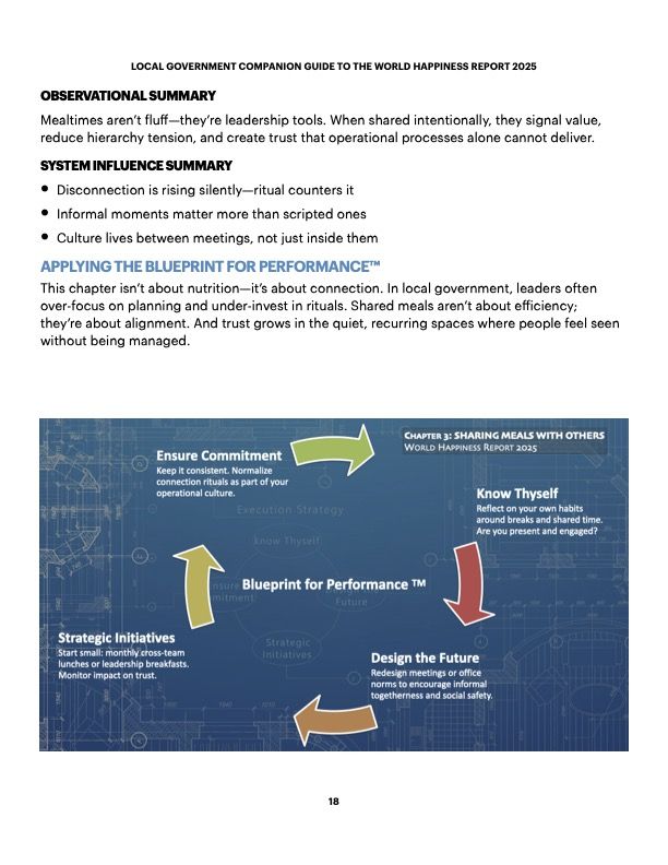 Continuation of Chapter 3 summary on shared meals and trust-building from the Local Government Companion Guide to the 2025 World Happiness Report – Page 2