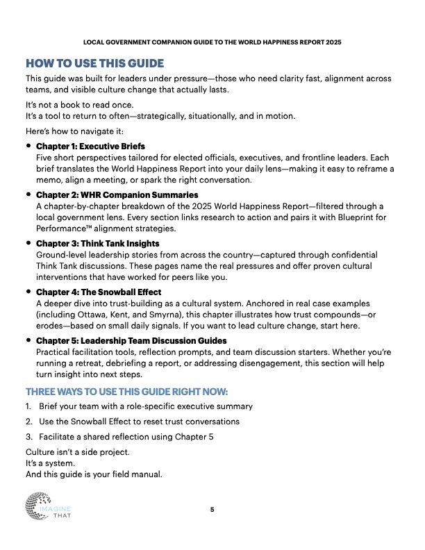 How to Use This Guide page from the Local Government Companion Guide to the 2025 World Happiness Report