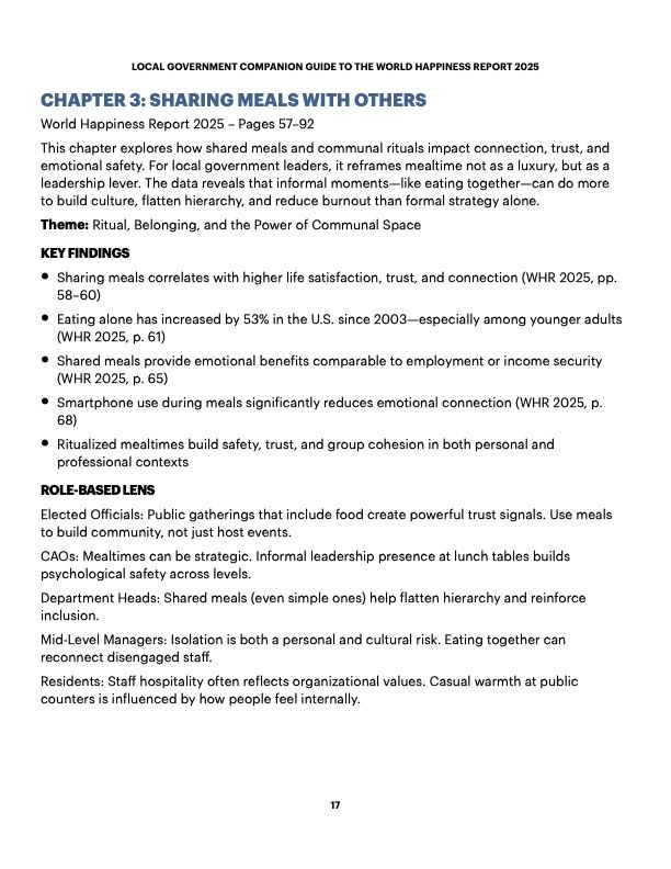 Chapter summary on the impact of shared meals from the Local Government Companion Guide to the 2025 World Happiness Report – Page 1