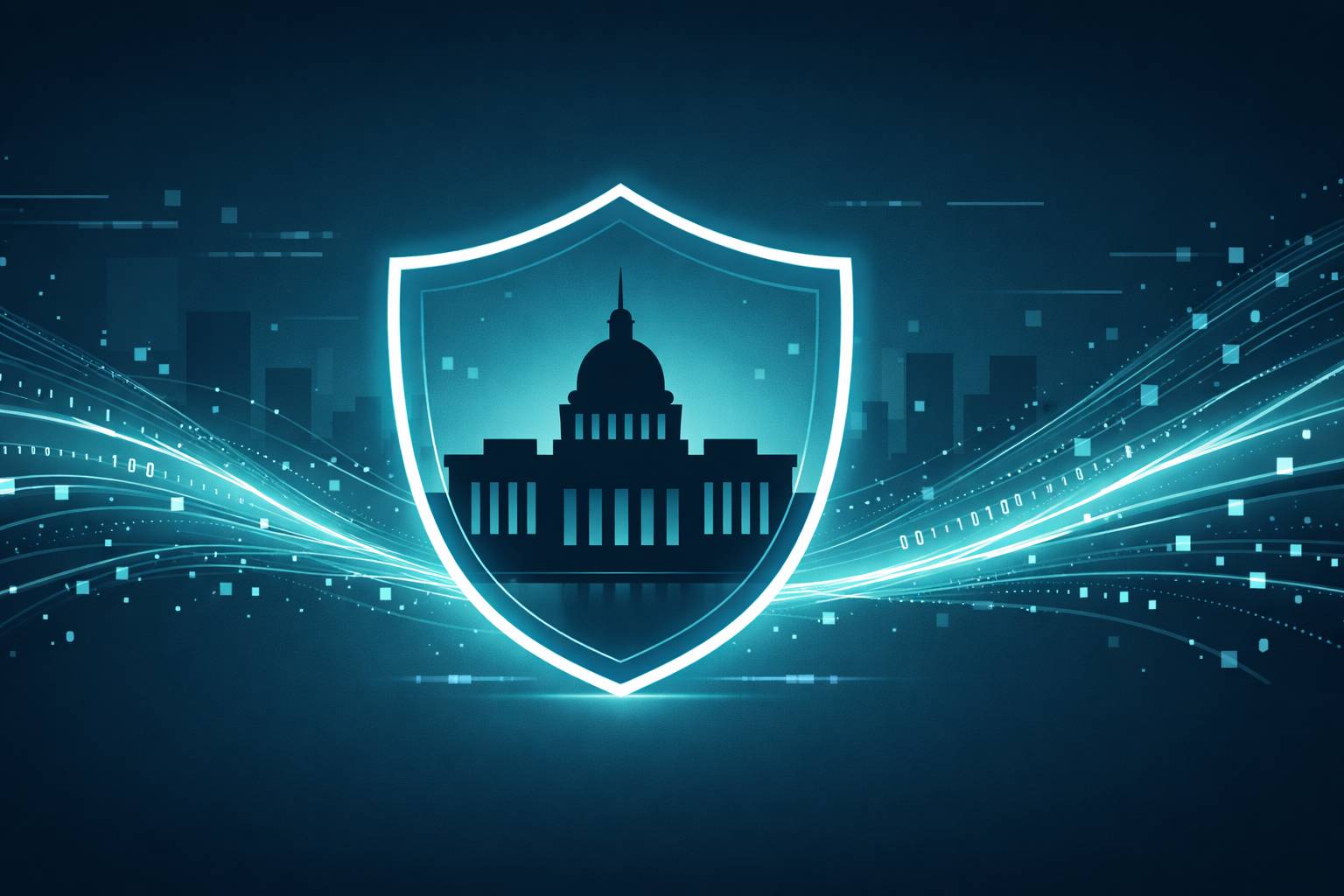 Abstract illustration of a government building protected within a digital shield, representing organizational autonomy in AI governance