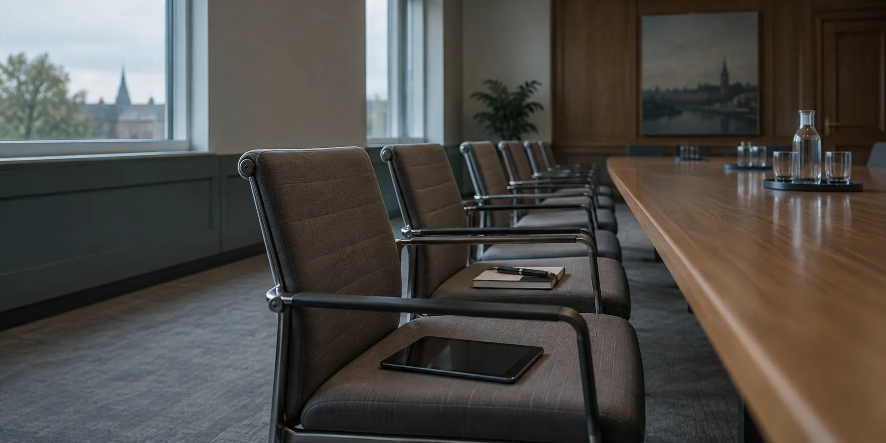 A row of meeting chairs, a tablet on one seat and a paper notebook on the next.