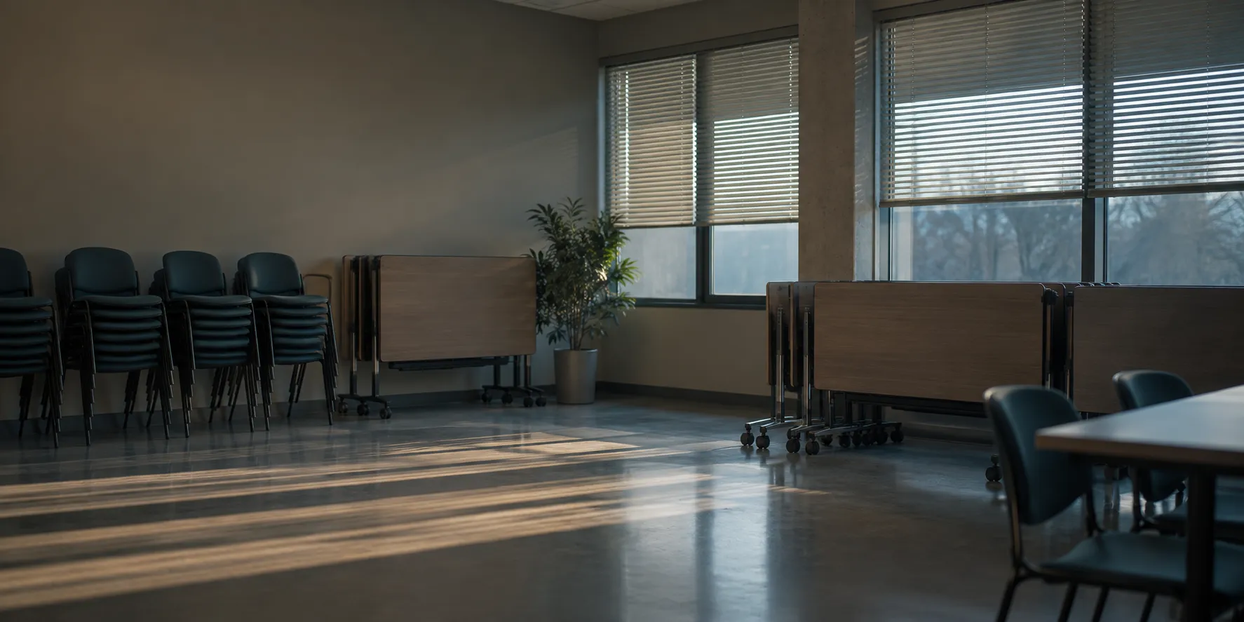 A training room with its chairs still stacked against the wall.
