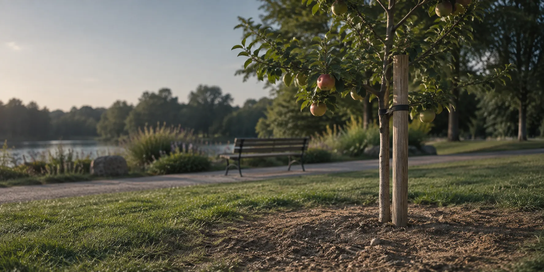 A young apple tree staked in a park, the ground around it dry.