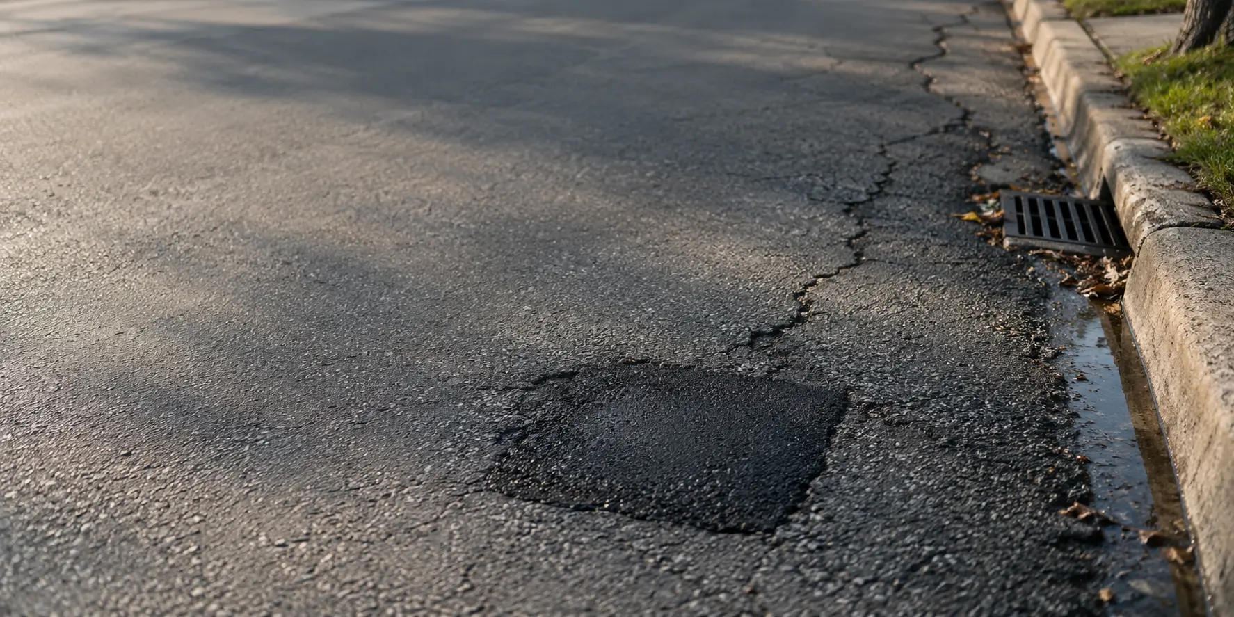 A fresh asphalt patch on a street beside a longer crack that has not been fixed.