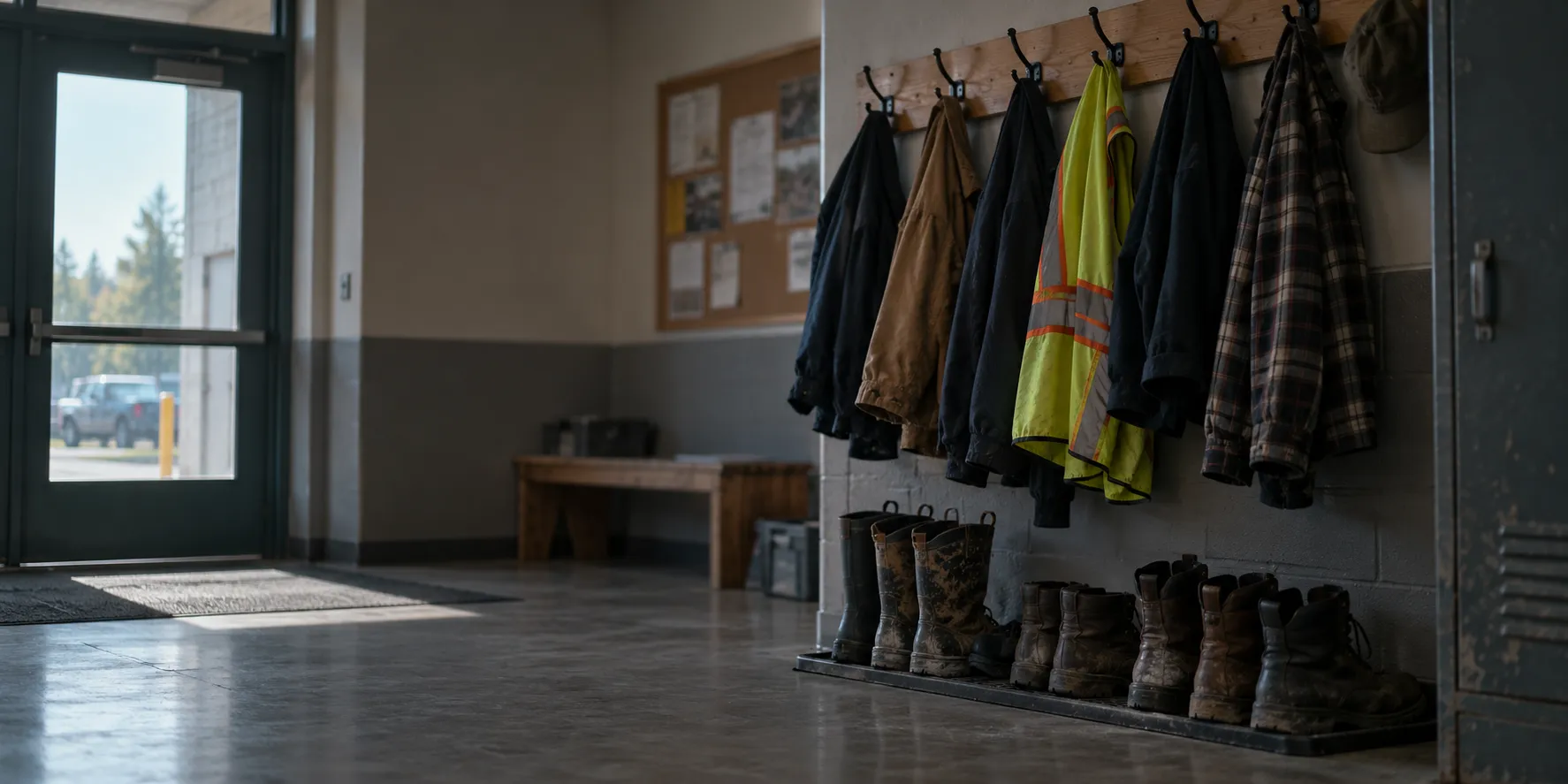 An employee entrance with coats on hooks and work boots lined up beneath them.