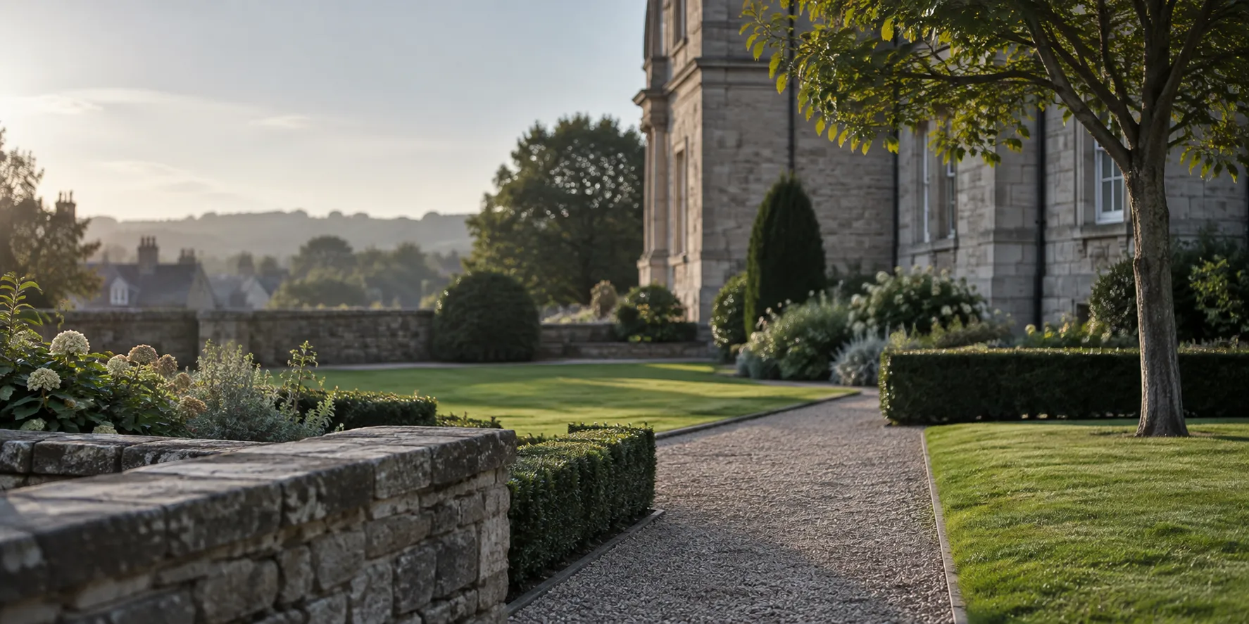 A well-kept public garden with a low stone wall and clean edges, and no signs.