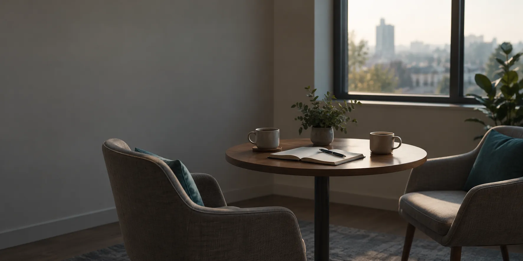 Two chairs turned toward each other at a small table with one open notepad.
