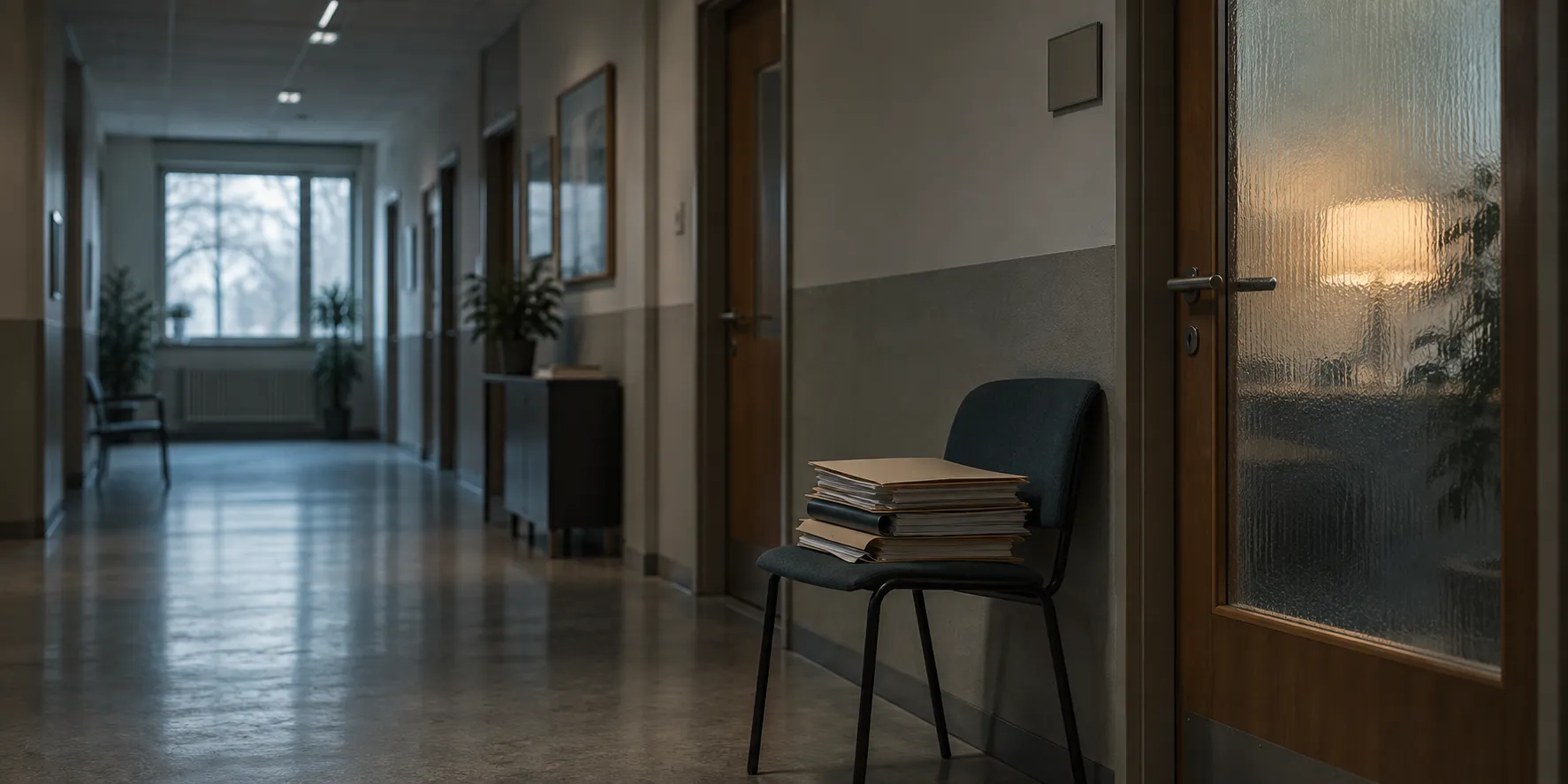 A stack of files left on a chair outside a closed office door.