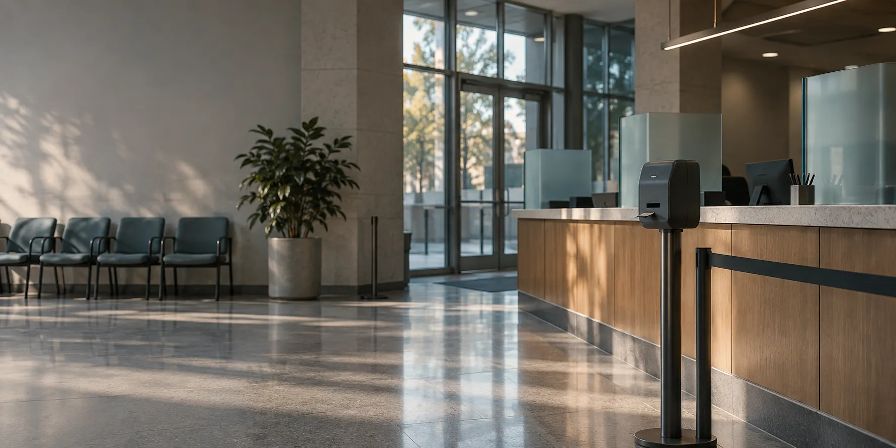 A public service counter before opening, chairs in a row and morning light on the floor.