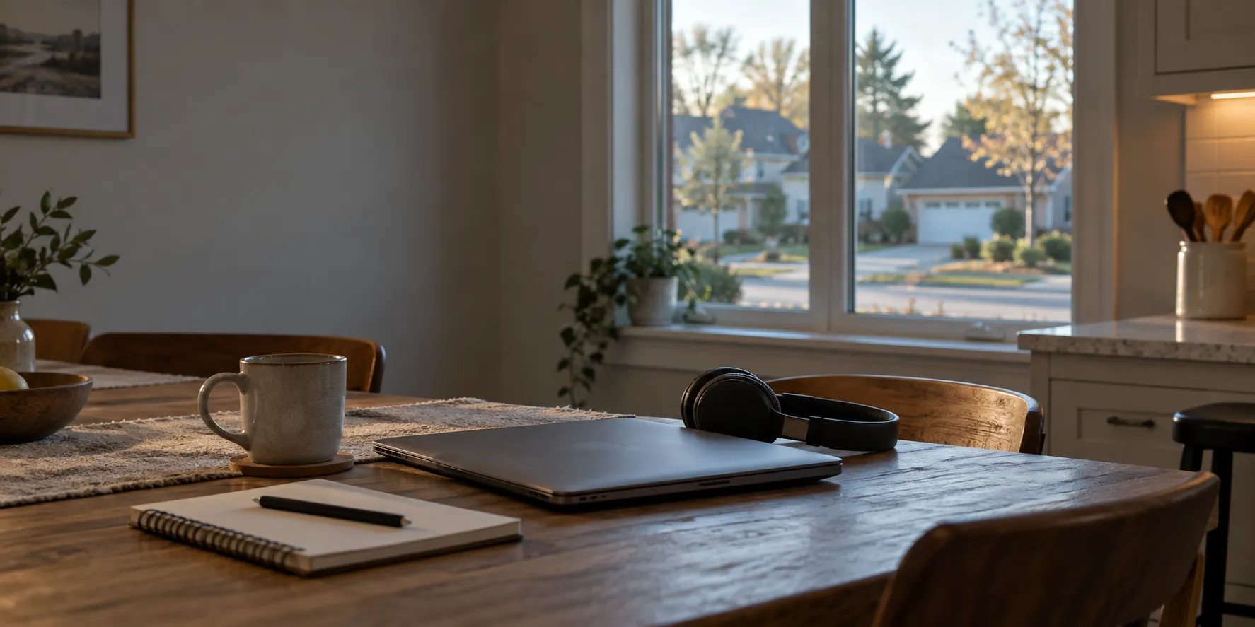 A kitchen table set up as a workspace, headset beside a closed laptop.