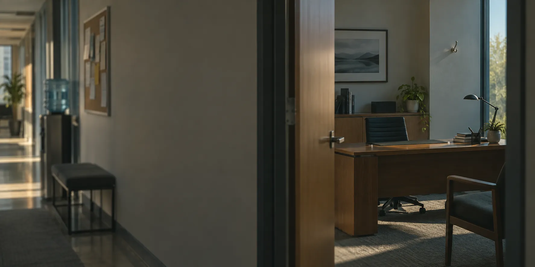 A manager's office left tidy with the lamp off, the corridor beyond it still busy with daylight.