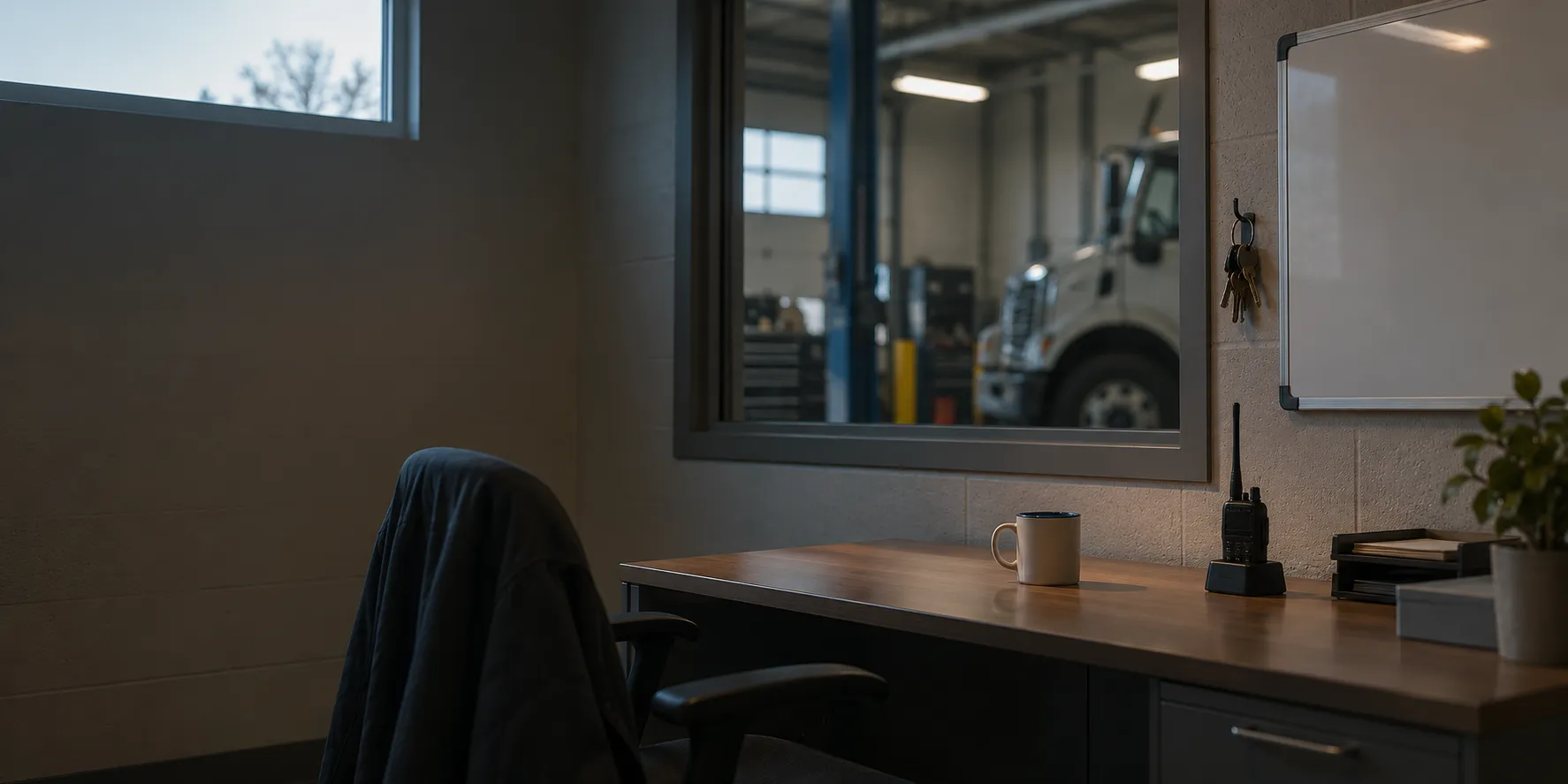A supervisor's small office beside a municipal garage, radio and keys on the desk, the shift about to begin.