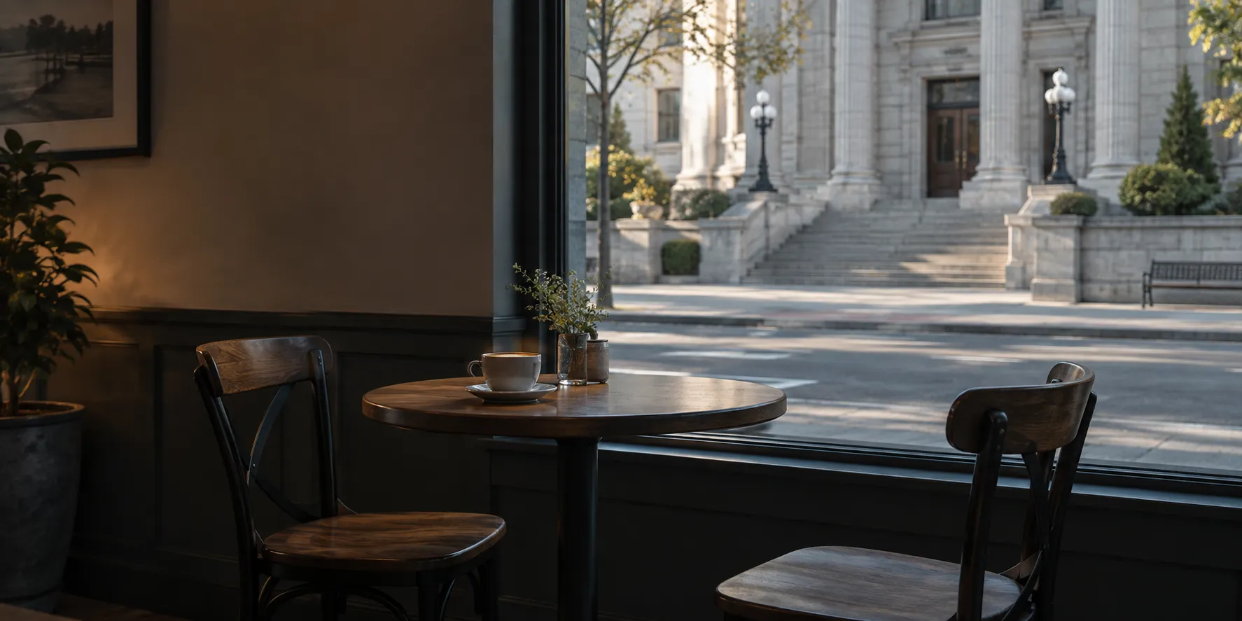 A cafe table for two across the street from a city hall, one cup waiting.