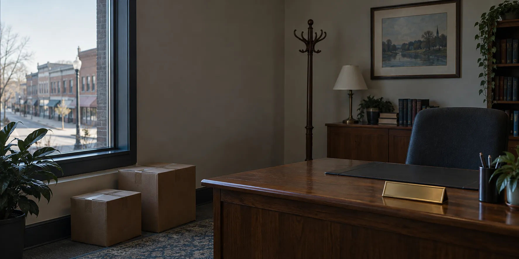A city manager's office on a first morning, moving boxes still taped and the desk clear.