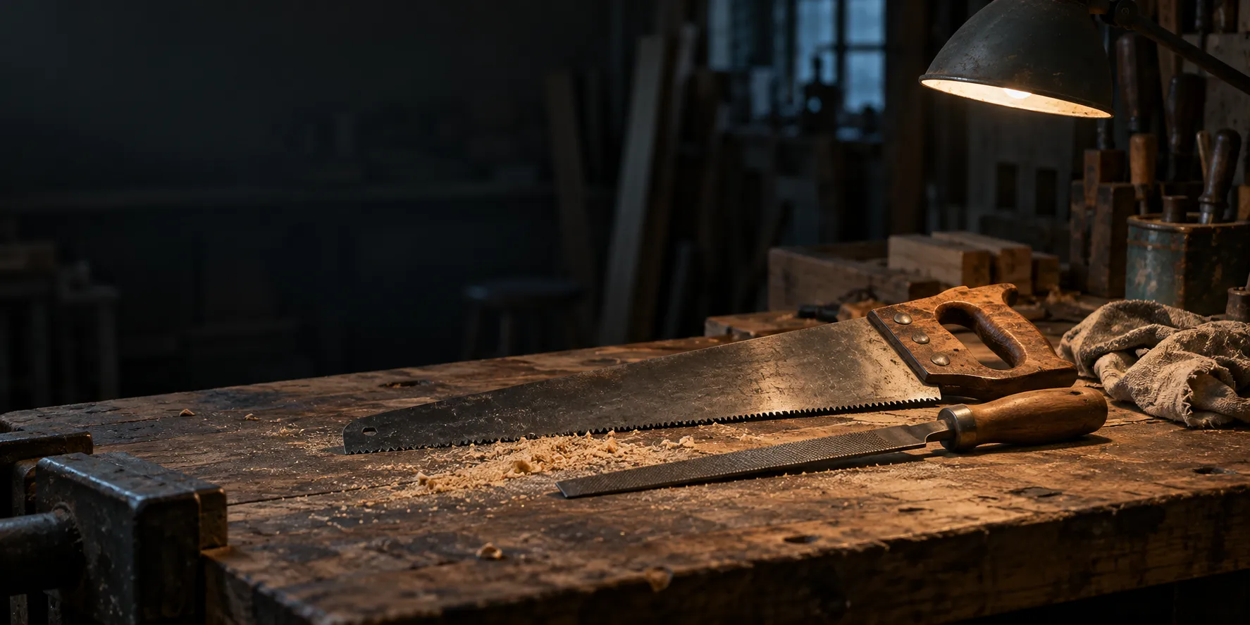 A hand saw and a file laid on a workbench under a single lamp.