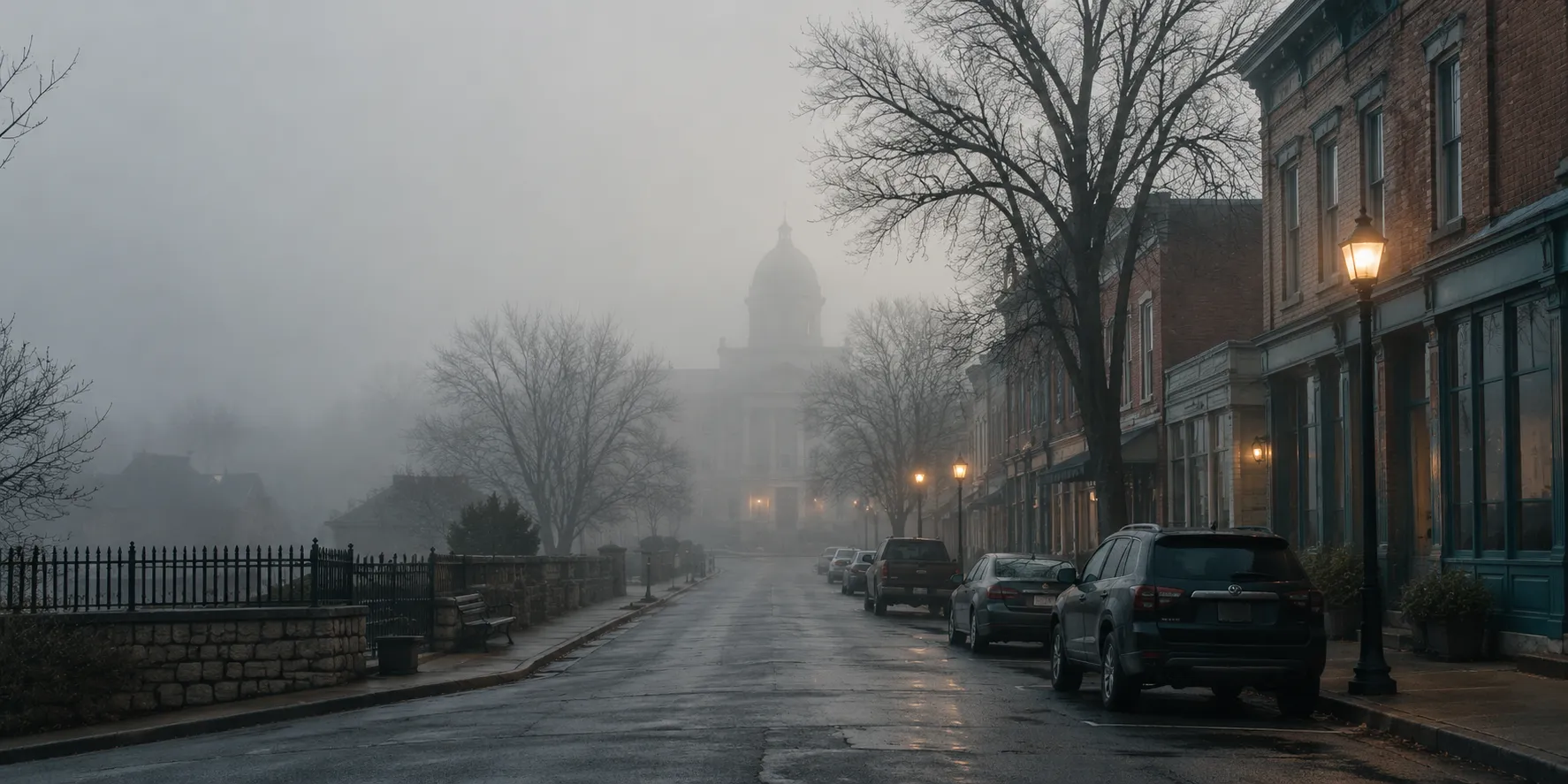 A quiet street in early fog, the outline of a courthouse dome just visible at the end.