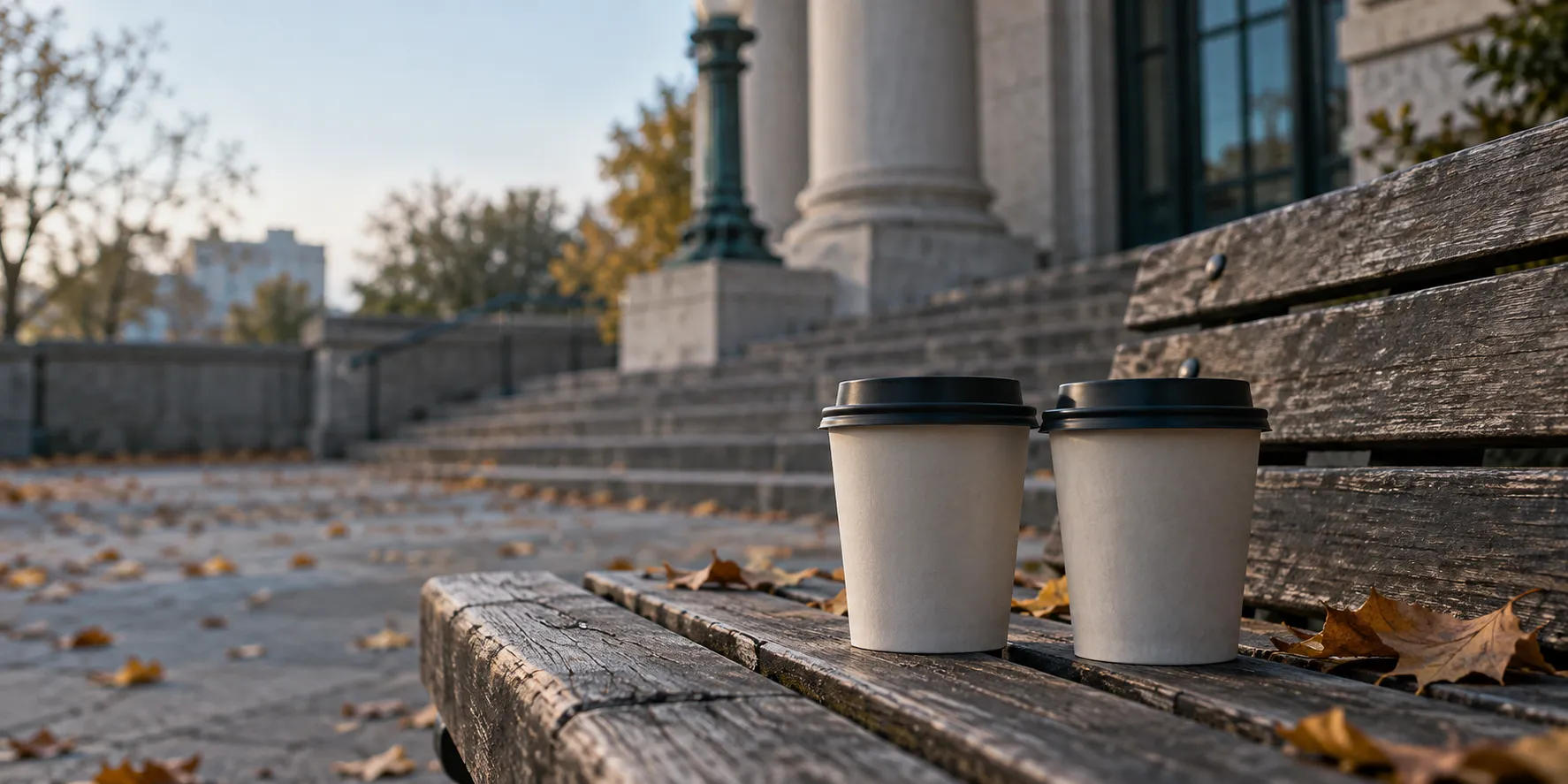 Two coffee cups side by side on a park bench outside a public building.