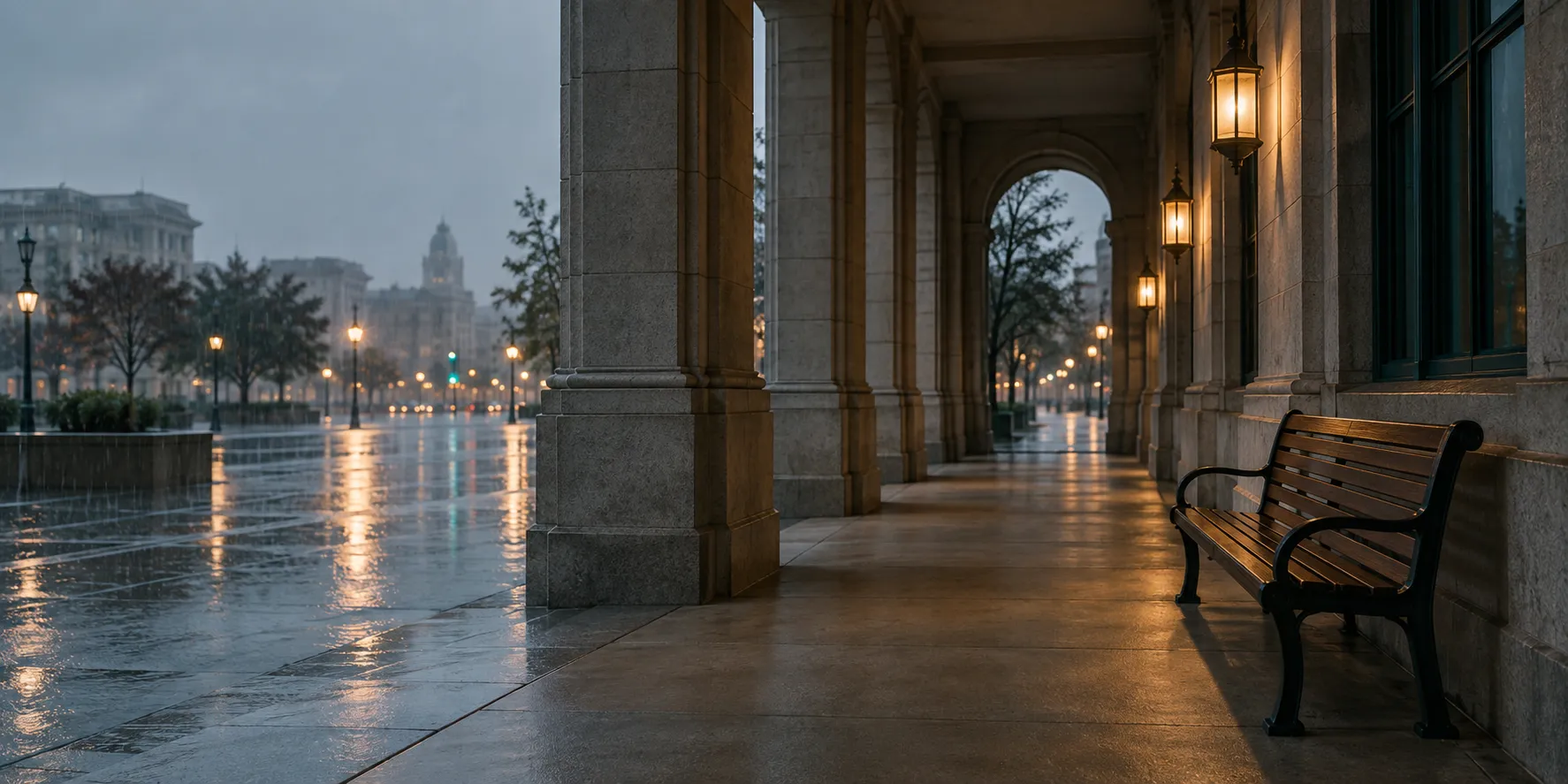 A covered walkway at a city hall stays dry and lit while rain falls beyond it.