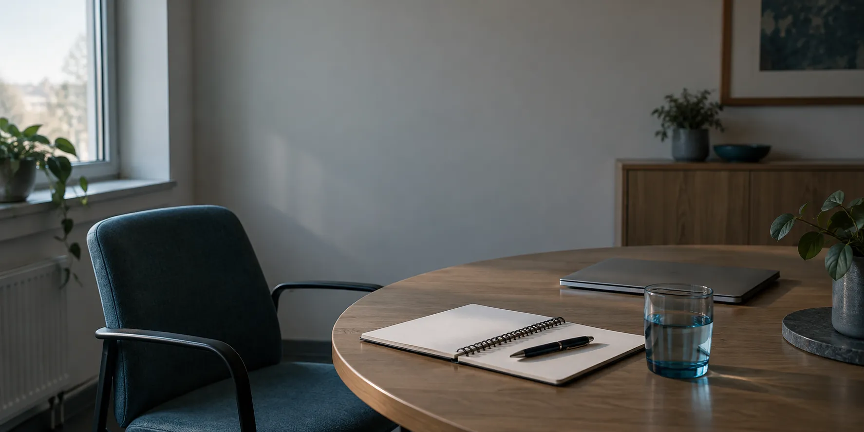A closed laptop and an open notepad on a meeting table, a chair pulled back as if for a conversation.