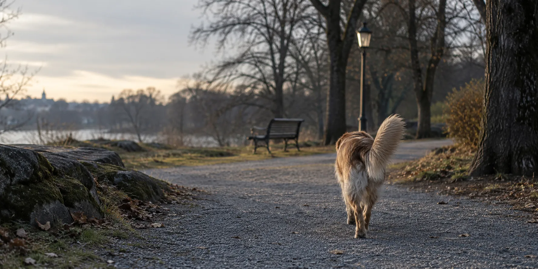 A dog walking away down a park path, its tail raised.