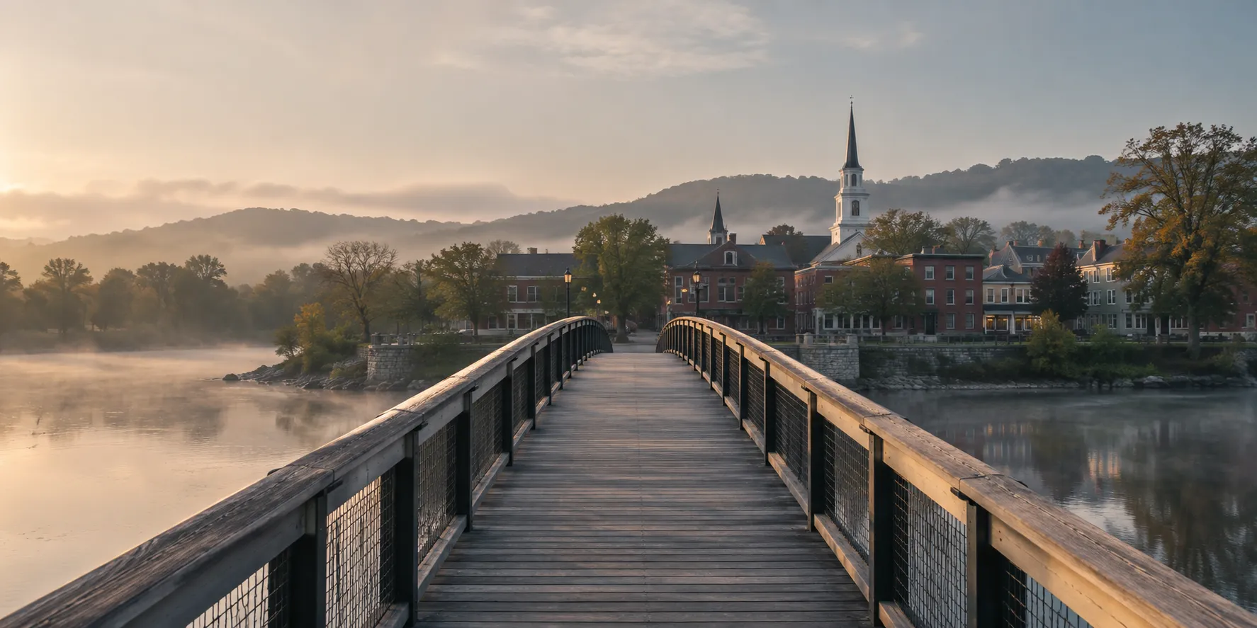 A pedestrian bridge in morning light leading toward a small town.