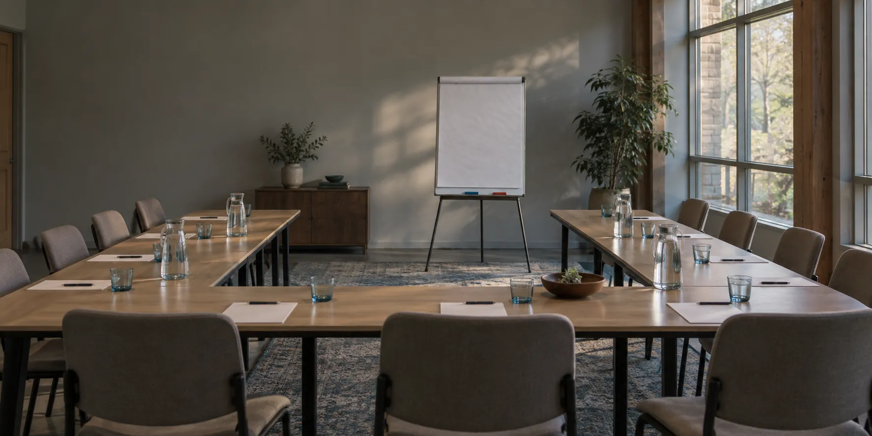 A retreat room set in a horseshoe with a blank flip chart at the open end.