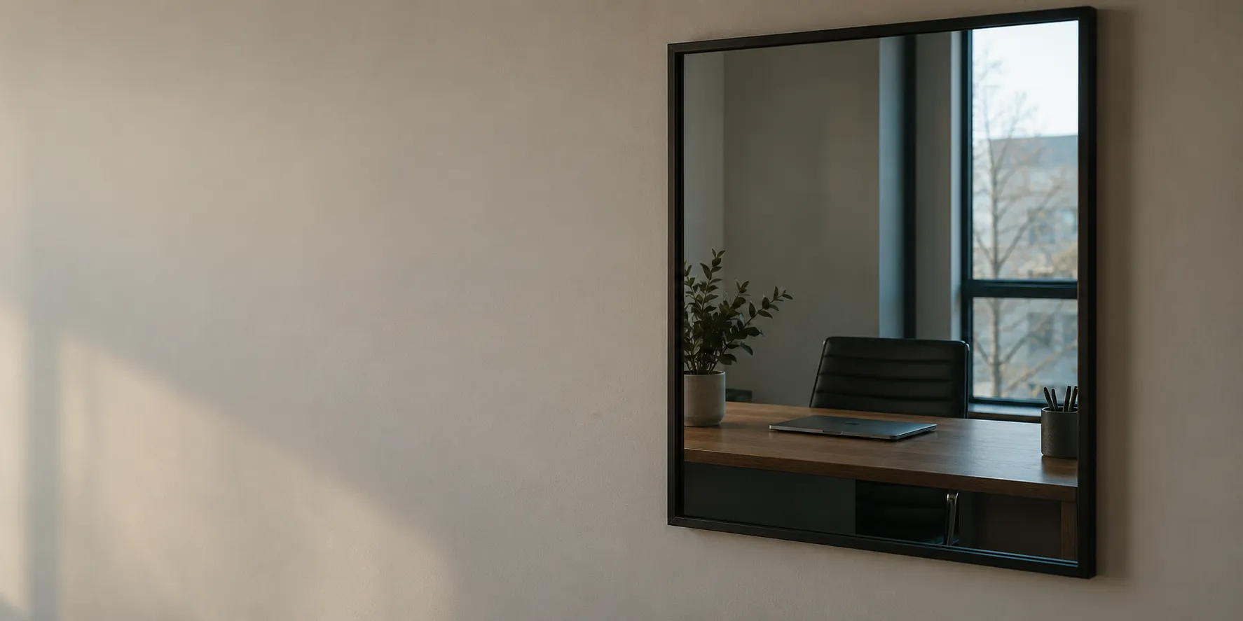A wall mirror reflecting an empty desk and a closed laptop.