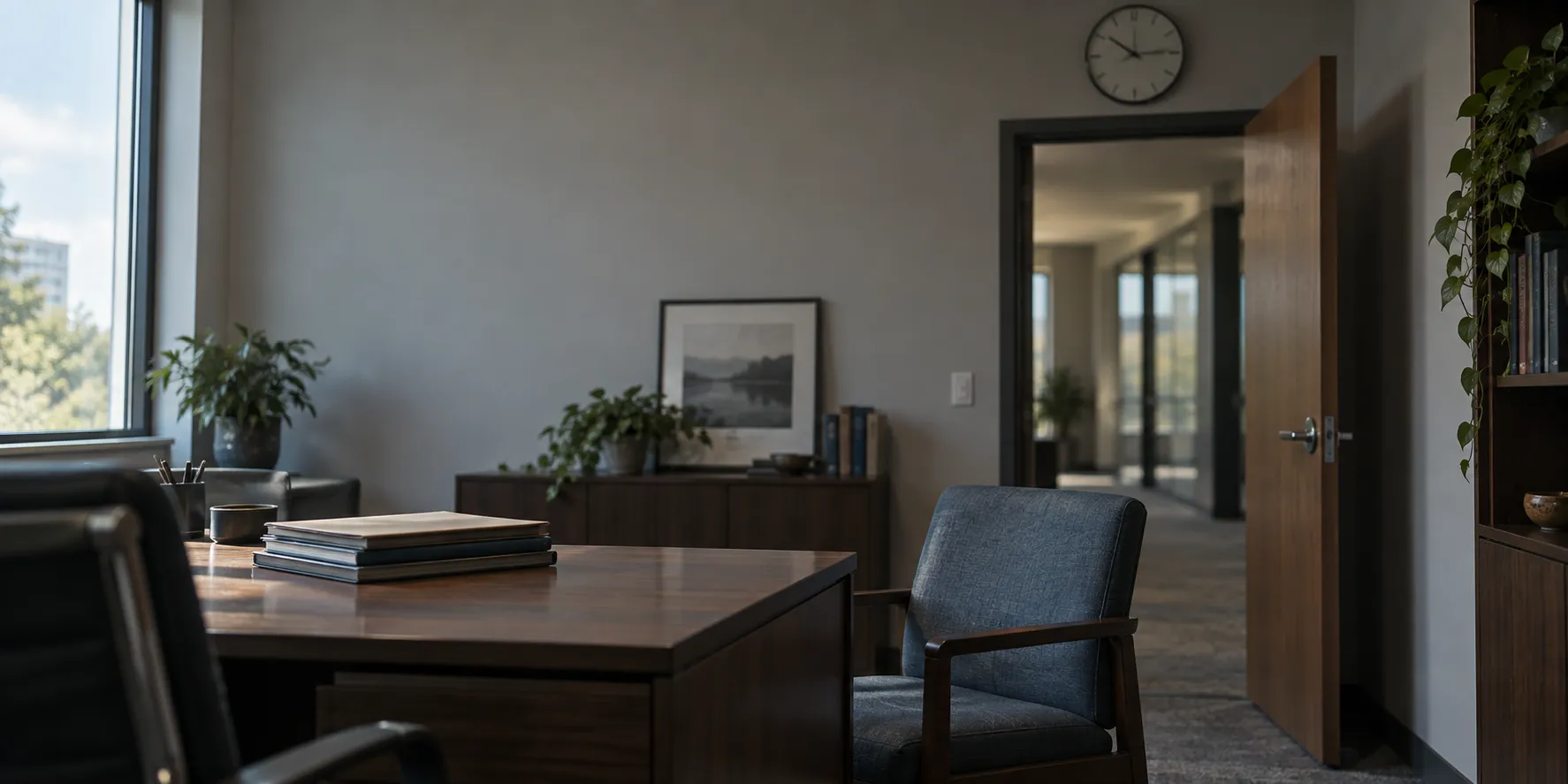 A manager's office door propped open, a visitor chair drawn up to the desk and a clock on the wall.