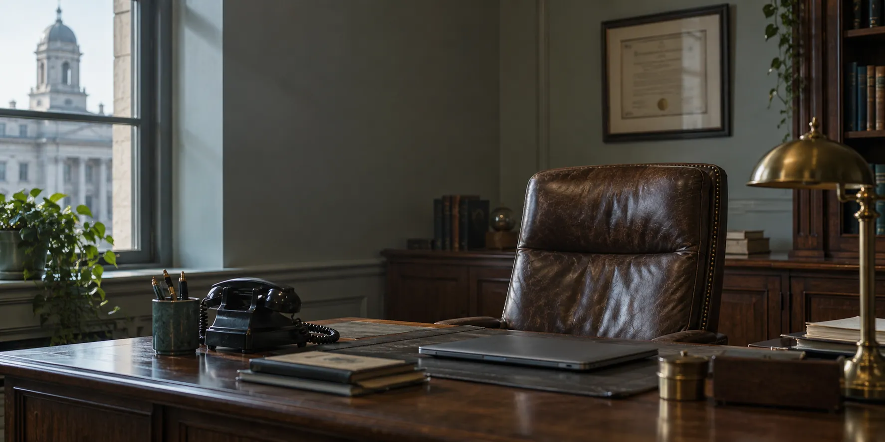 A long-serving manager's wooden desk holding an old desk phone beside a closed laptop.